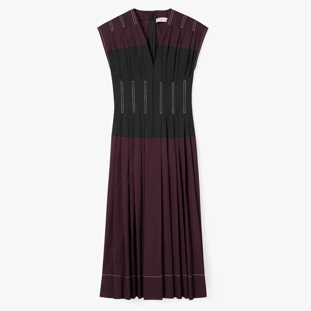 Tory Burch Pleated Cap-Sleeve Cotton Poplin Midi Dress